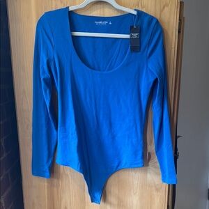New Abercrombie Women's Blue Scoop Neck, Long Sleeves Bodysuit, Soft Cotton L